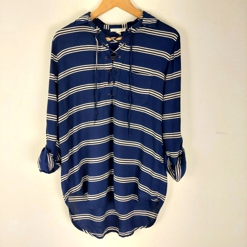 Beach Lunch Lounge Women's Navy White Stripe 3/4 / Long Sleeve Tie Front Top S/P